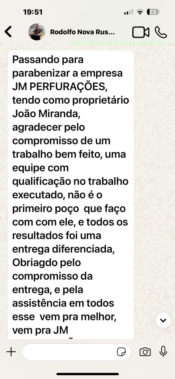 Mensagem de Rodolfo no WhatsApp recomendando a JM Perfurações