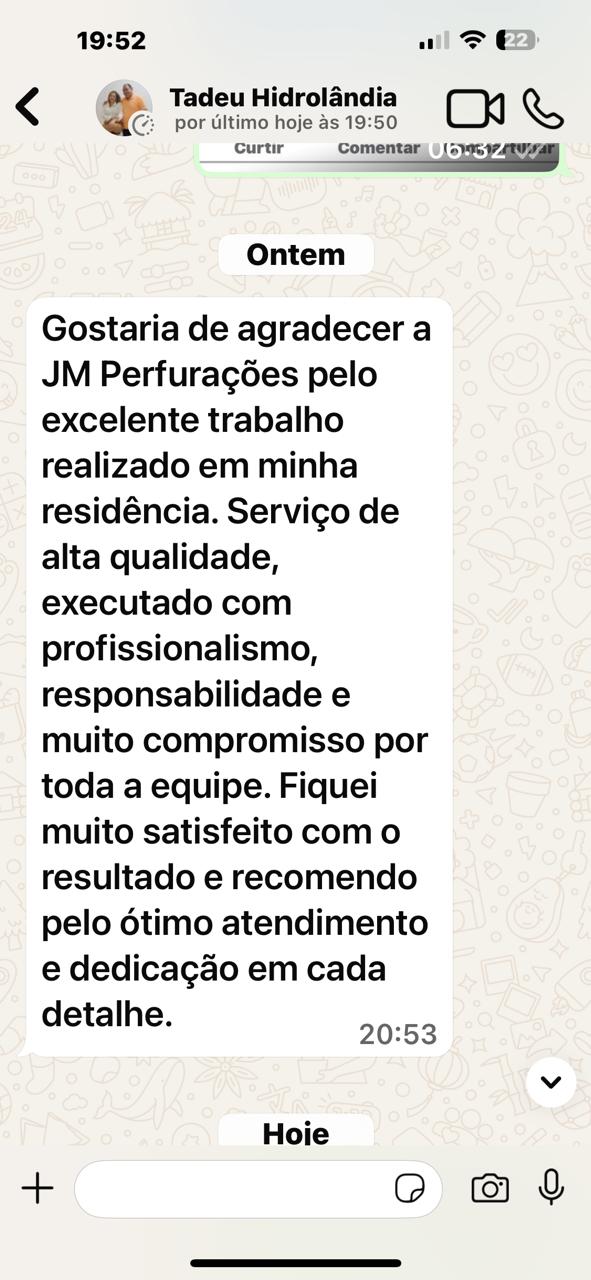 Mensagem de Tadeu Hidrolândia no WhatsApp recomendando a JM Perfurações