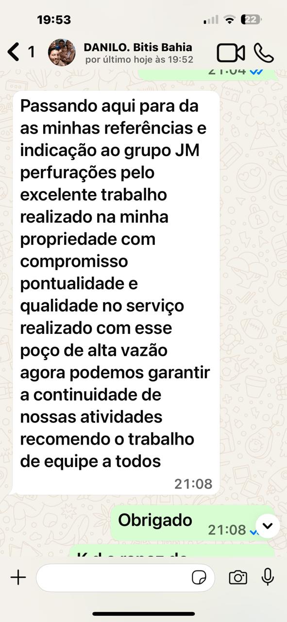 Mensagem de Danilo, Bitis Bahia no WhatsApp recomendando a JM Perfurações